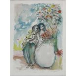 Pencil Signed and Numbered Color Lithograph of a Courting Scene in the Style of Marc Chagall. Artist