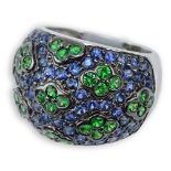 Levian Approx. 3.90 Carat TW Sapphire, Green Garnet and 18 Karat White Gold Ring. Quality stones