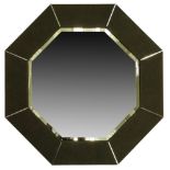 Mid Century Modern Karl Springer Octagonal Faux Pig Suede Framed Mirror with Beveled Glass.