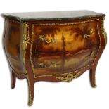 20th Century Vernis Martin Style Bronze Mounted 2 Drawer Marble Top Commode. Wear to varnish,