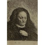 after: Rembrandt van Rijn (DUTCH, 1606-1669) Antique etching "Rembrandt's Mother with Hand on Chest"