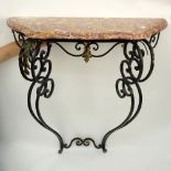 Vintage French Style Wrought Iron Marble Top Console Table. Unsigned. Loss to one leaf decoration,