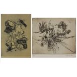 Two (2) Vintage Abstract Signed Etchings. Good condition. Largest frame measures 25-1/2" H x 18-1/2"