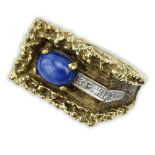 Men's Vintage Star Sapphire, Diamond and 14 Karat Yellow Gold Nugget style Ring. Sapphire measures 8