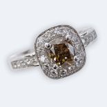 AIG Certified 1.13 Carat Cushion Cut Fancy Brown Diamond and Platinum Ring accented throughout