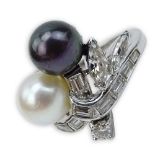 Vintage Multi Cut Diamond, Pearl and Platinum Cross Over Ring. Diamonds F-G color, VS2-SI1