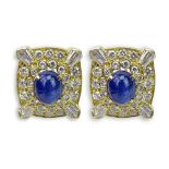 Pair of Bulgari style Cabochon Sapphire, Approx. Carat Round Brilliant Cut and Tapered Baguette