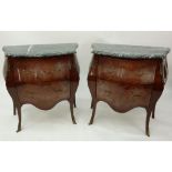 Pair of Mid Century Louis XV Style Bronze Mounted Marble Top End Tables/Commodes. Wear to varnish,