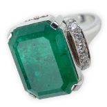 8.34 Carat Emerald, .30 Carat Round Brilliant Cut Diamond and Platinum Ring. Emerald with vivid