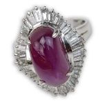 Approx. 10.62 Carat Star Ruby, 1.40 Carat Tapered Baguette Cut Diamond and Platinum Ring. Ruby