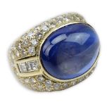 Approx.12.21 Carat Cabochon Sapphire, 2.54 Carat Round Brilliant Cut and Square Cut Diamond and 18