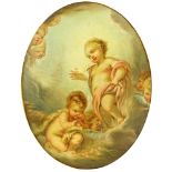 Antique Italian Painting on Wood "Cherubs". Possible signature lower right. Restoration lower right.