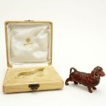 Early 20th Century Russian Carved Rhodonite Bassett Hound Figure with 56 Gold (14k) Collar in fitted