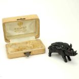 20th Century Russian Carved Obsidian Boar figure with Garnet Eyes in fitted box signed Faberge. Good