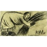 Russian School Charcoal and Wash on Paper affixed to White Paper. "Woman Gathering Wheat"