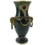 20th Century Russian Gilt Silver Mounted Nephrite Jade Vase with Ram's Head Ring Handles. Stamped