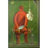 Interesting Russian Art Deco Oil Painting on Masonite. "Figure Sharpening A Knife" Signed en verso