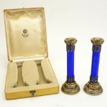 Pair of Early 20th Century Russian 88 Silver and Guilloche Enamel Candlesticks in later fitted box