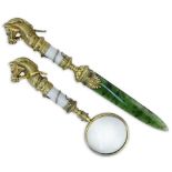 Russian Nephrite Jade, 88 Silver, and Guilloche Enamel Letter Opener together with an 88 Silver