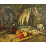 Attributed to: Konstantin Korovin, Russian Oil on canvas, Still Life with Fish. Signed lower