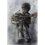 Mixed Media Impressionist Painting, "Boy with Guitar" Signed J. Pinto. Minor paint wear on canvas.