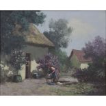 Hungarian School Oil on Canvas Painting "Villager Tending Clothes near Cottages" Signed Lower Right.