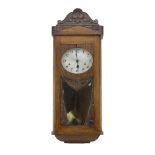 Antique French Art Deco Carved Wood Wall Clock. Includes key and pendulum, missing weights.