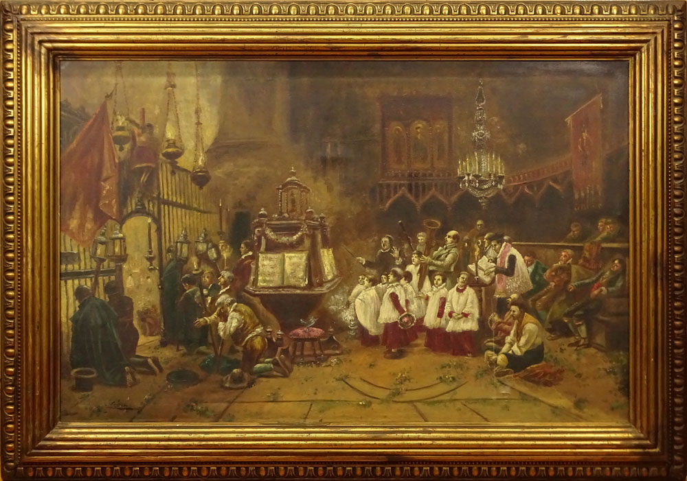 19th Century Italian School Oil on Canvas "Church Interior" Signed Lower left C. Vannini? Antique - Image 4 of 8