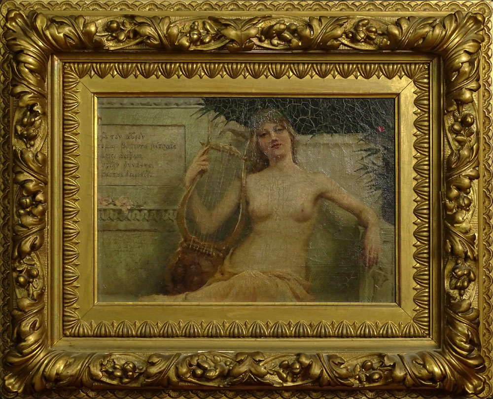 Herbert Denman, American (1855-1903) Oil on canvas, "Nude with Lyre". Signed Lower Right. Craquelure - Image 4 of 12