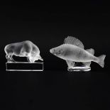 Lot of Two (2) Lalique Crystal Paperweights. Includes: Poisson Perch 4-1/4" H (nick to fin) and Bull