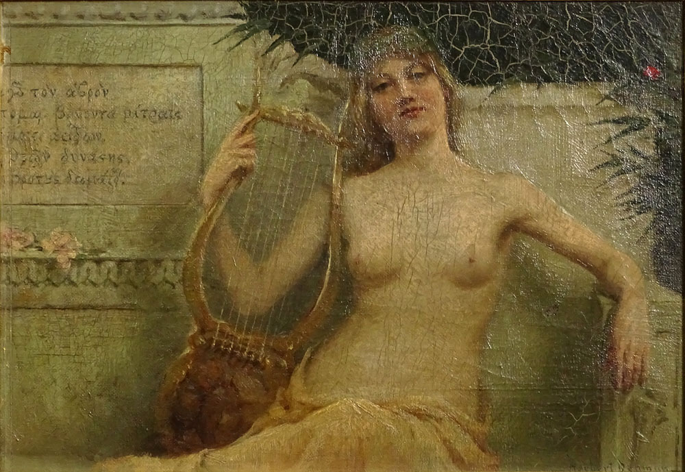 Herbert Denman, American (1855-1903) Oil on canvas, "Nude with Lyre". Signed Lower Right. Craquelure - Image 2 of 12