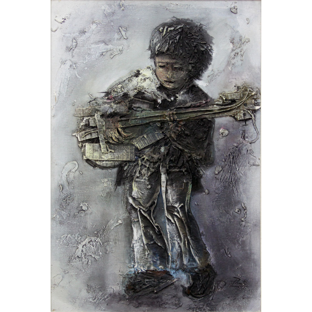 Mixed Media Impressionist Painting, "Boy with Guitar" Signed J. Pinto. Minor paint wear on canvas. - Image 2 of 8