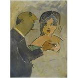 Mino Maccari, Italian (1898-1989) Oil on cardboard "The Priest and the Prostitute" Signed en