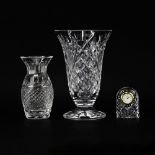 Lot of Three (3) Waterford Crystal Vases and Clock. Nick to rim on large vase, good condition.