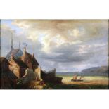 19th Century French School Oil On Canvas "Coastal Village Scene". Unsigned. Minor craquelure or in