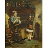 19th Century G.Wessel Oil on Canvas Painting of A Woman in a Rocking Chair with Child by a