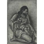 Mid Century Fine Charcoal Drawing "Mother and Child" Signed Top Left. Signature illegible. Good