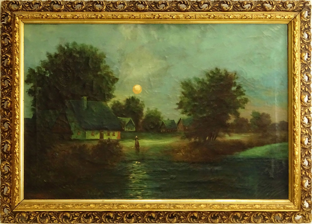 E.W Spranger, German (19/20th C) Oil on canvas "Moon Over The Village" Signed EW Springer Berlin - Image 3 of 12