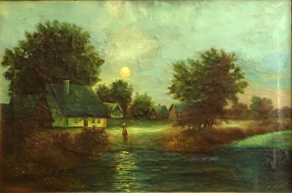 E.W Spranger, German (19/20th C) Oil on canvas "Moon Over The Village" Signed EW Springer Berlin