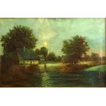 E.W Spranger, German (19/20th C) Oil on canvas "Moon Over The Village" Signed EW Springer Berlin