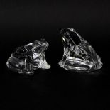 Pair of Baccarat Crystal Frog Paperweights. Signed. Nick to foot on one figurine, good condition.