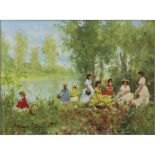 Suzanne Demarest, French (1900-1985) Oil on canvas "Woodland Luncheon" Signed lower left. Good