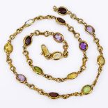 Vintage Italian Multi Gemstone and 14 Karat Yellow Gold Necklace. Stamped 14K Oritalia. Good vintage