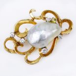 Vintage 14 Karat Yellow Gold, Large Baroque Pearl and Round Brilliant Cut Diamond Pendant/Brooch.