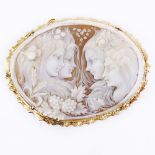 Large Antique Art Nouveau Finely Carved Shell Cameo and 14 Karat Yellow Gold Pendant/Brooch.