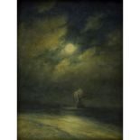 19th Century Russian Oil on canvas laid on board or on canvas board. "Ship On Moonlit Sea" Signed in