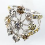 4.92 Carat TW Fancy Natural Multi Color Diamond and 18 Karat White Gold Ring set in the center