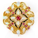 Vintage 18 Karat Yellow Gold, Opal, Ruby and Enamel Pendant/Brooch. Set with sixteen (16) oval cut