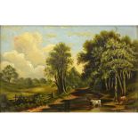 19/20th Century American School Oil on Canvas "Cows by the Stream" Unsigned. Good condition.