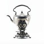 19th Century London England Sterling Silver Hot Water Bottle Kettle on Stand and Burner. Circa 1837.